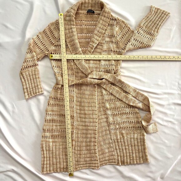 bebe Tan Open Knit Long Belted Cardigan Sweater Coat Boho Chic Women’s S/M - Picture 3 of 7